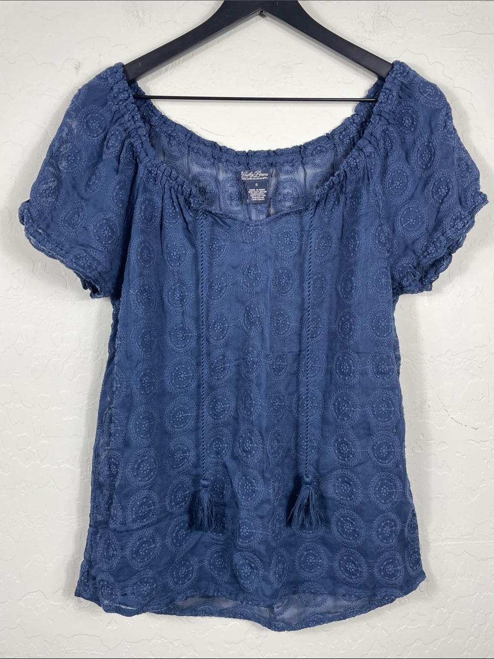 Lucky Brand Navy Blue Embroidered Peasant Top with Tassels